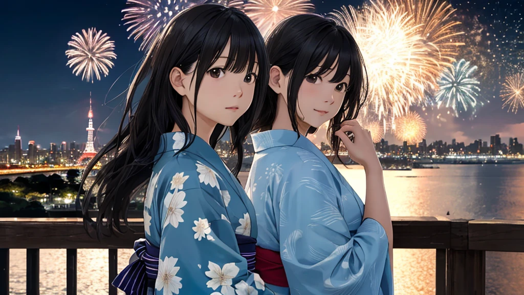 Shiraishi Mei, Looks exactly like Shiraishi Mei、Time is night、Tokyo Tower in the background、Big fireworks、Oceanの方を向いている後ろ姿、Woman looking up at the sky ,Long Hair,  Black Hair,, Photo from the side, Realistic, Highest quality, Detailed face, , Ocean, Embankment, Detailed Background,, Written boundary depth, Bokeh (Highest quality: 1.2), (masterpiece: 1.2), Watch Viewer, yukata ,Vision、(((Panorama:1.2)))