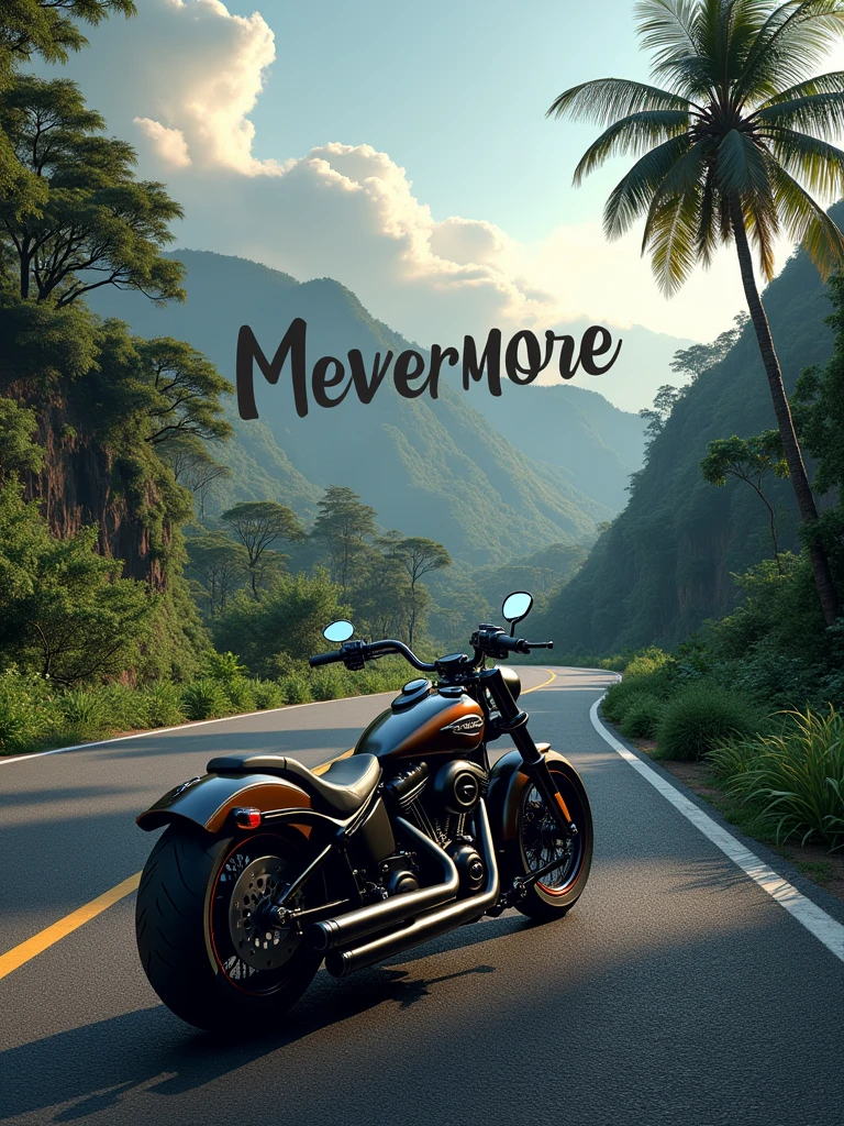logo "MneverMore" stylish letter logo front, background realistic with Harley Davidson fatboy custom, Pandawa road, kuta-Bali