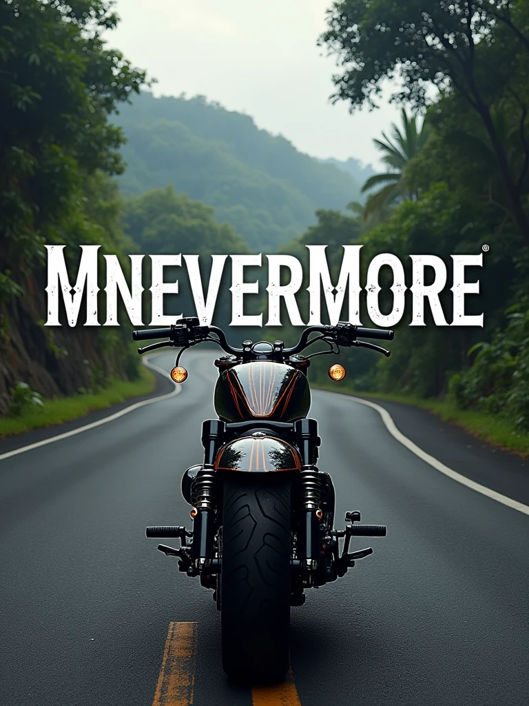 logo "MneverMore" stylish letter logo front, background realistic with Harley Davidson fatboy custom, Pandawa road, kuta-Bali