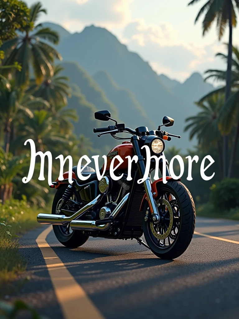 logo "MneverMore" stylish letter logo front, background realistic with Harley Davidson fatboy custom, Pandawa road, kuta-Bali