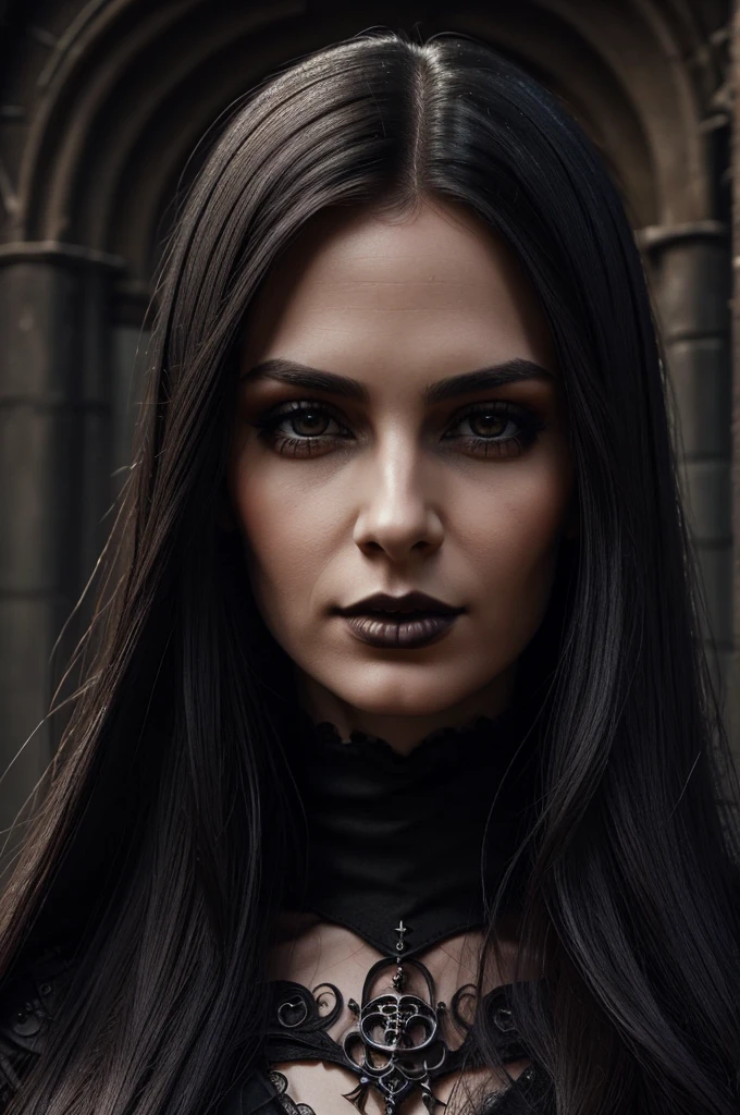 1 European gothic woman, pretty face, long straight hair, ultra detailed face and eyes, hyperrealistic, realistic representation, 30 years old, she is wearing black gothic clothing