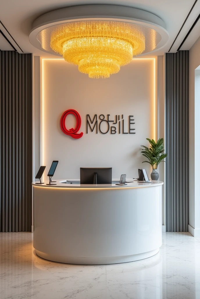 Front View of the reception shop of a mobile shop, with right left mobiles rage, gray or white accents, a warm yellow crystal chandelier, and a shop logo on the wall behind the reception desk, "Q MOBILE." ", there is right left mobiles on the stands, "Q" is red and "MOBILE" color is black.