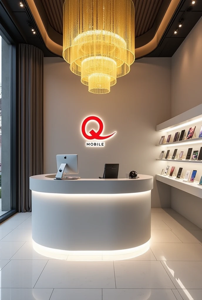 Front View of the reception shop of a mobile shop, with right left mobiles rage, gray or white accents, a warm yellow crystal chandelier, and a shop logo on the wall behind the reception desk, "Q MOBILE." ", there is right left mobiles on the stands, "Q" is red and "MOBILE" color is black.
