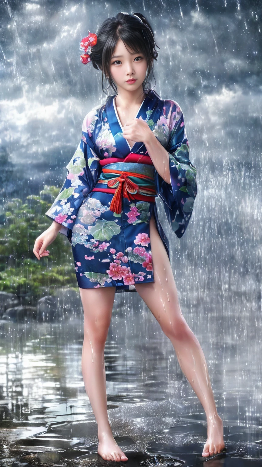 最high quality、high quality、Best image quality、8k、最High resolution、High resolution、最high quality、masterpiece、RAW Photos、whole body写真、Detailed and realistic human body、Detailed and realistic skin、Realistic face in every detail、Detailed and realistic eyes、Detailed and realistic lips、Detailed and realistic teeth、Detailed and realistic ears、Detailed and realistic hair、Realistic reproduction of every detail、((Beautiful Hands(thumb1、reference4))、Realistic feet down to the last detail、((Beautiful Japan))、(Japanese Model)、18 year old beautiful girl))、(Black Hair)、(Random Hairstyles)、((whole body))、((Slim and perfect figure))、(Flat Chest、Small breasts)、(whole body光沢肌、Fair skin)、Mini Chinese Dress and Kimono、Mini Ninja Costume、Japanese tradition、Japanese garden、Rain clouds spreading across the sky、Heavy rain weather、Pouring rain、Wind and rain storm、((Colorful floral pattern(See-through kimono dress))、((Pouring rainの中でリラックス(Poses to make your thighs look beautiful))、((Soaked skin from head to toe))、((Rain-soaked clothes(Rain dripping from clothes))、((The lines of her body are clearly visible through her wet kimono..))