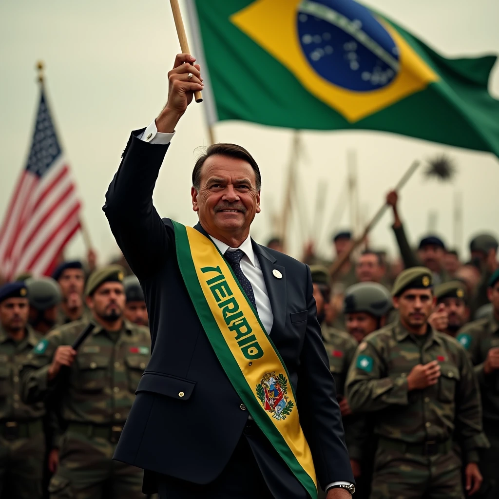 Create an image of President Jair Bolsonaro holding the Brazilian flag in the middle of a war, dressed in a suit with the presidential sash.