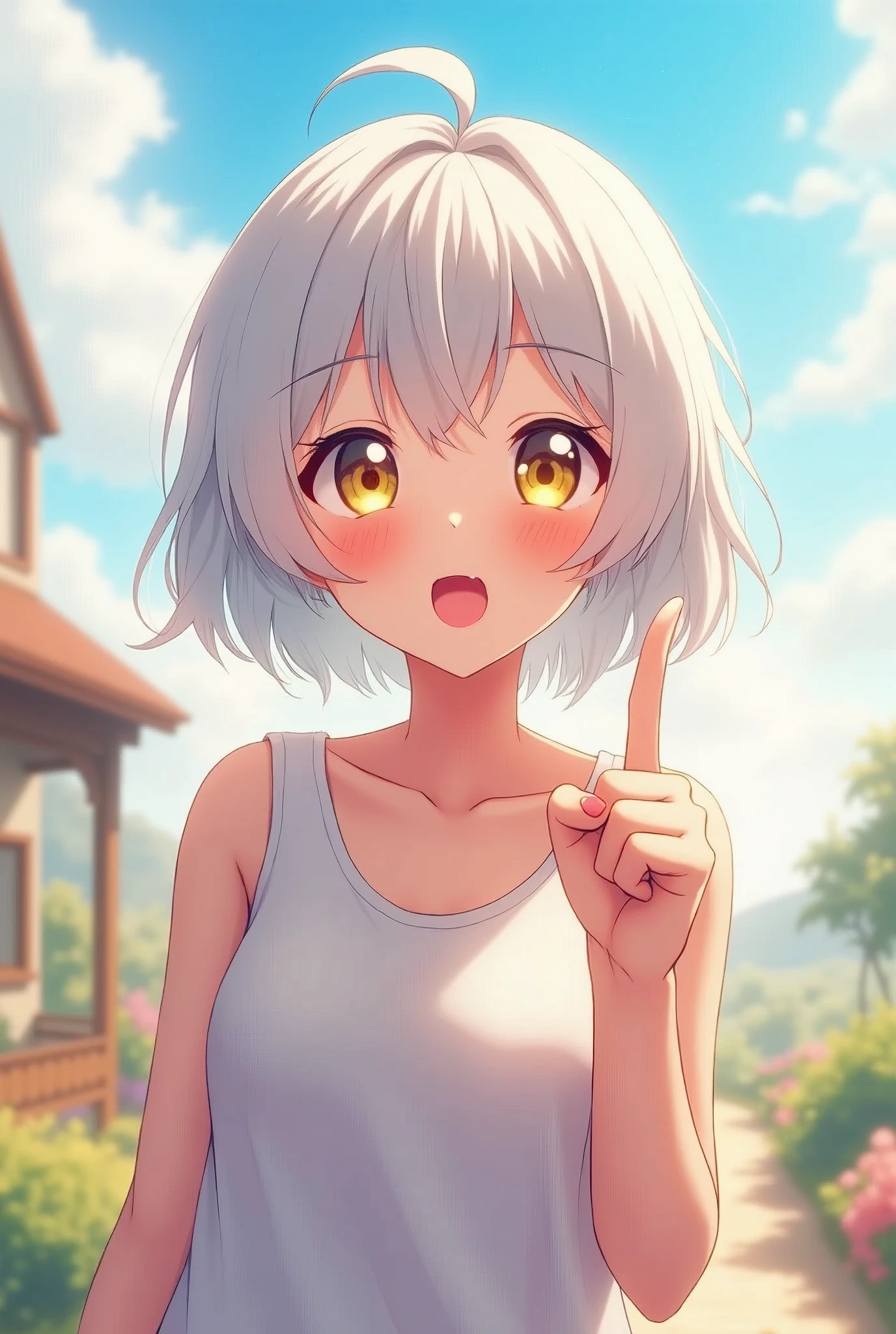 masterpiece, Highest quality, Highly detailed CG Unity 8k wallpaper, High School Girl Anime Illustration. Wear an oversized tank top、Make a finger gun gesture to the audience, she has her eyes closed and mouth open, smile. The background is a light pastel colored landscape.., white hair color, Yellow Eyes, Bokeh Photo, (Soft Focus):1.2, Out of focus highlights, Dreamy atmosphere, Glowing circle, Fascinating Depth, The background is also realistic, Written boundary depth, garden
