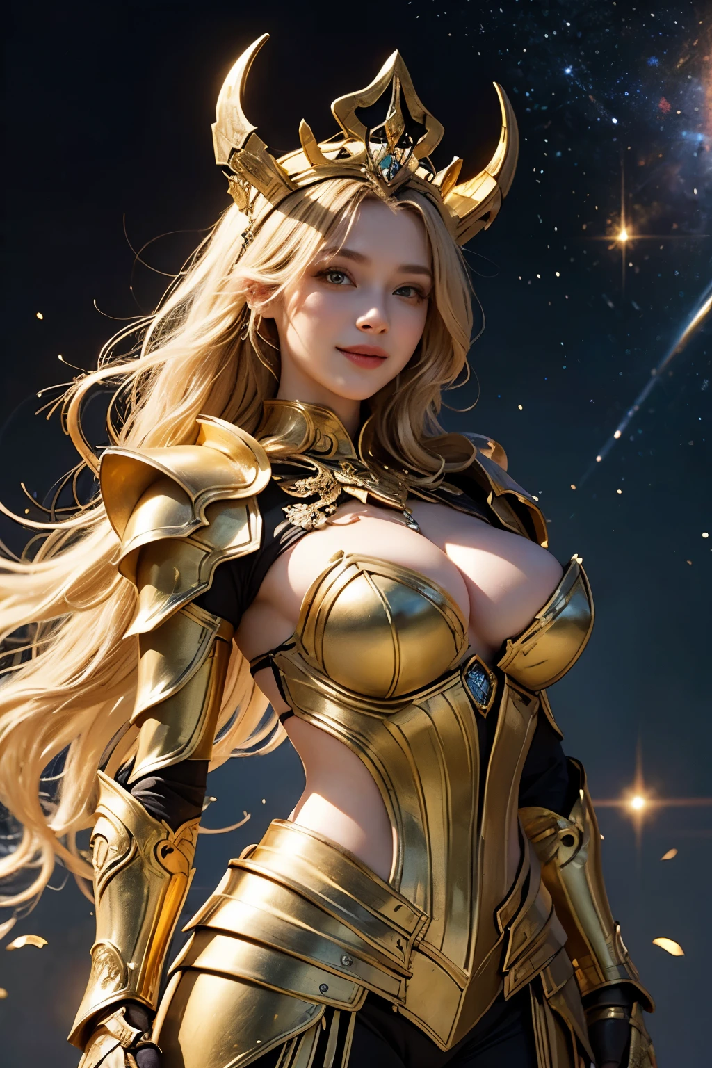 Ultra HD、Ultra-clear、White and beautiful translucent skin、Beautiful and well-proportioned face、Cute smile、Sagittarius Warrior、Covered entirely in golden armor、Holy knight in golden armor、Golden Tiara、Golden armor with ornate carvings covering the entire body、Heavy golden armor、Translucent beautiful green eyes、Blonde、Big Breasts、Outer space background、