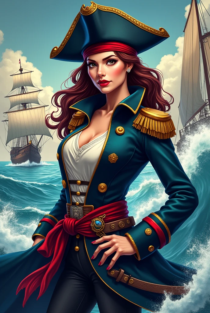 Pirate captain, woman, brunette, Spanish uniform of the 17th century, gun on the belt, pistol on the belt, rapier in hand, on the deck of his ship, stylish historical painting 17th century, look towards the horizon,