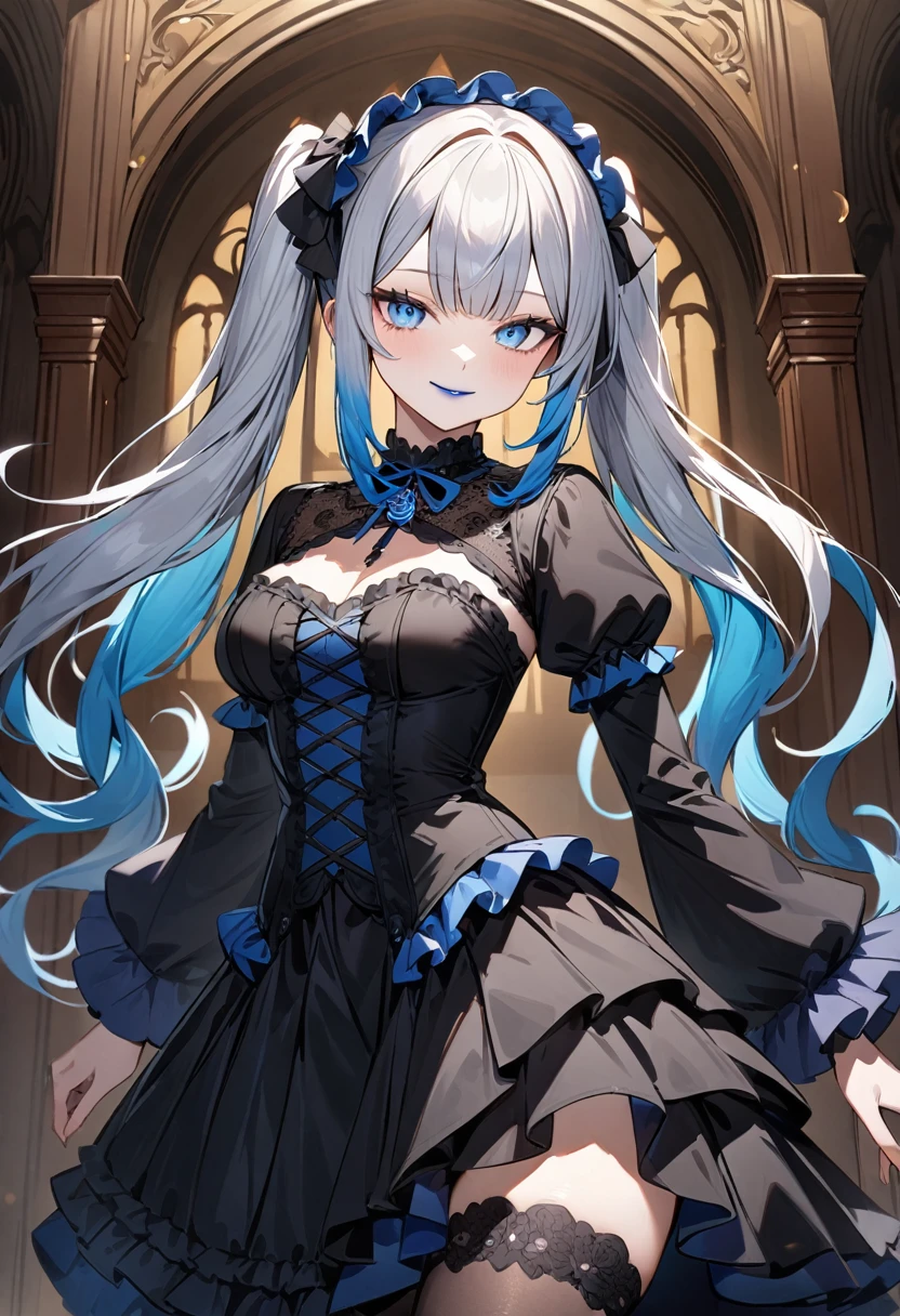 (masterpiece, top quality, very aesthetic, 4k、illustration), intricate detail, 1woman,solo,contrapposto 、from side、Strong glowing eyes、Fair skin,(cowboy shot)、light smile 、twintails、(Blue lipstick),beautiful face、(gradient hair)、multicolored hair,middle hair,sidelock ,blue　eyes、gothic lolita dress、medium breasts、slender 、