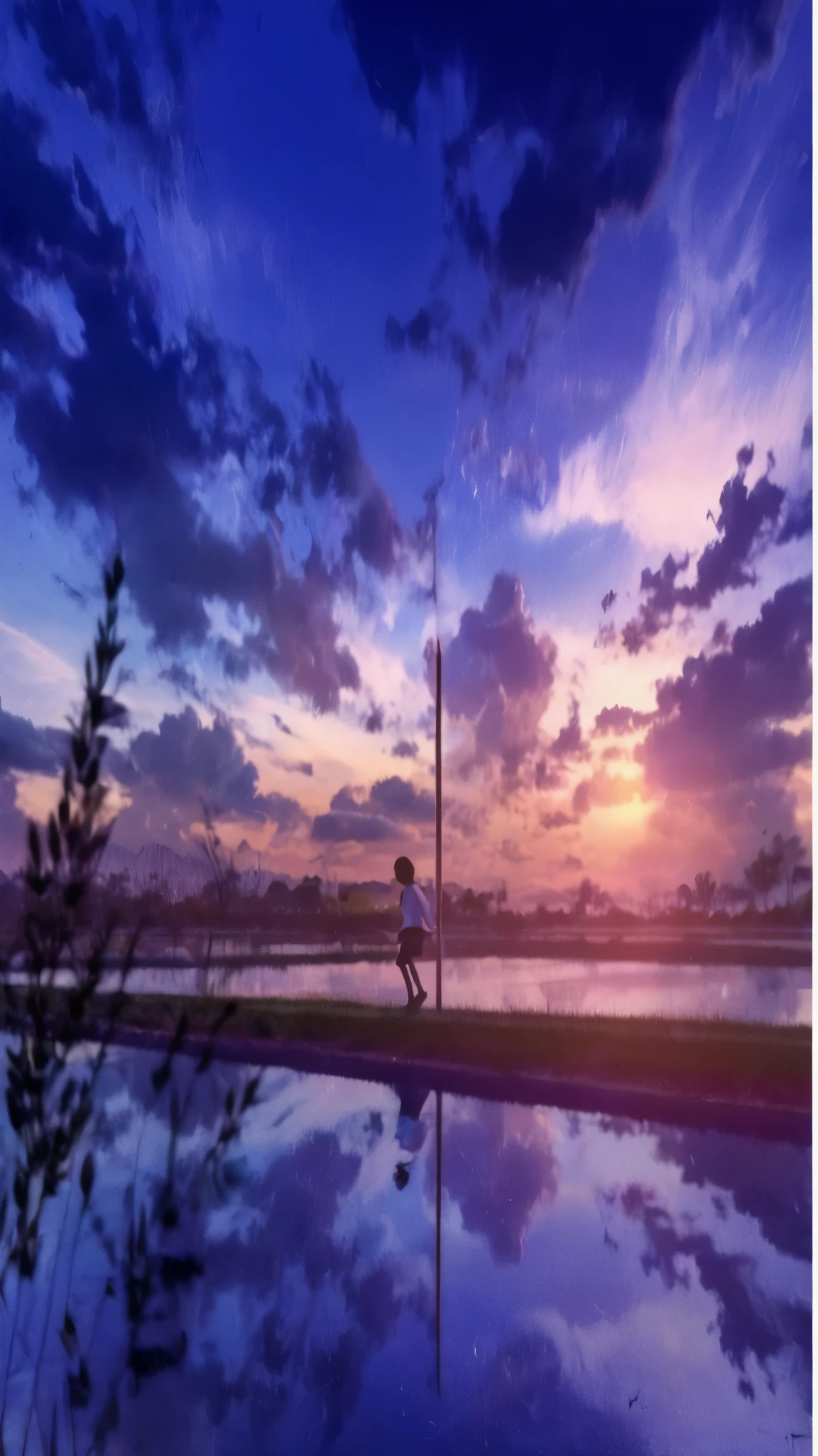 a vivid, atmospheric scene at sunset, featuring a vast landscape with a river or rice paddy field in the foreground, reflecting the dramatic sky above. The sky is a mix of deep blues and purples, with warm orange and pink hues near the setting sun. Clouds are scattered throughout, with some appearing almost black against the vibrant colors of the sky. In the distance, a small figure of a girl dressed in a school uniform is walking along a narrow path, her silhouette partly illuminated by the fading sunlight. The reflection of the sky and the girl is clearly visible in the calm water, adding to the dreamlike quality of the scene. A few silhouettes of plants are visible in the foreground, further enhancing the depth and natural feel of the composition. The lighting is soft but contrasts starkly between the cool and warm tones, creating a highly dynamic and emotional atmosphere.High resolution, 最high quality, High-resolution model, high quality,