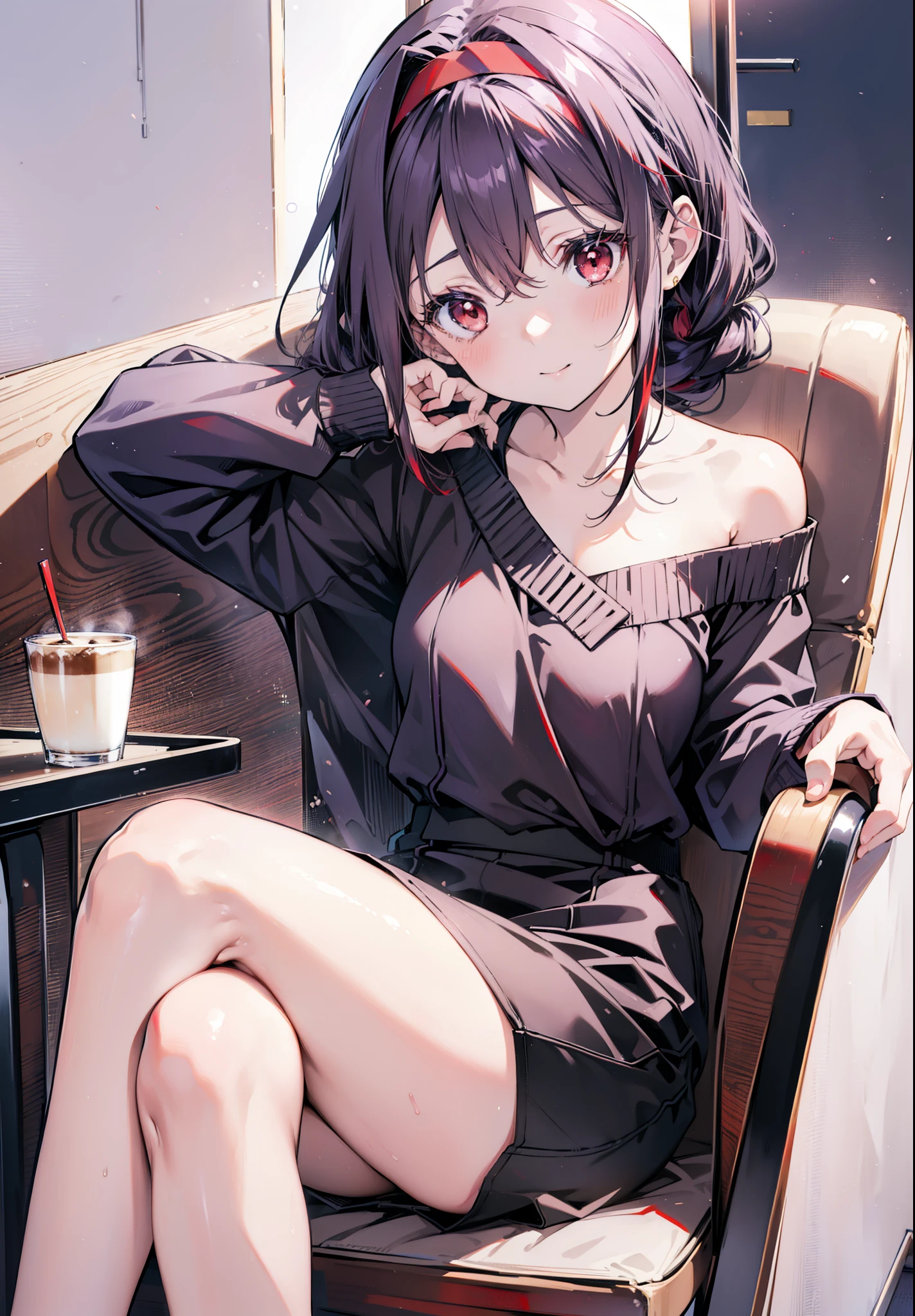 yuukikonno, Yuuki Konno, hair band, Long braids, Pointed Ears, Purple Hair, (Red eyes:1.5), (Small breasts:1.2),smile,blush, Open your mouth,Oversized one-shoulder sweater,Glasses,Long skirt,Sitting in a chair,There is a coffee cup on the table,whole bodyがイラストに入るように,
break looking at viewer, whole body,
break indoors, Coffee shop,
break (masterpiece:1.2), Highest quality, High resolution, unity 8k wallpaper, (figure:0.8), (Beautiful attention to detail:1.6), Highly detailed face, Perfect lighting, Highly detailed CG, (Perfect hands, Perfect Anatomy),