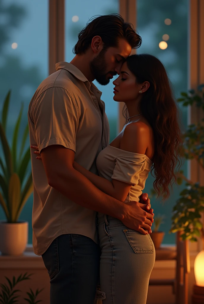 (photorealism:1.2) handsomeman, hug, beautiful woman, wearing loose off top, long hair, indoors, plants in background, window with night, cozy room, relaxed pose, realistic
