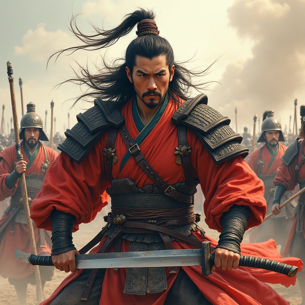 Three Kingdoms,Attache,Shogun,Shouting threats towards here,Battle,Imperial Army,Attack,Strong winds,Tiger Whiskers,Ready to die,Martial God,Frizzed and tangled hair,Fantasy,A painting drawn with ink.,A hood with decorations that suggest high social standing