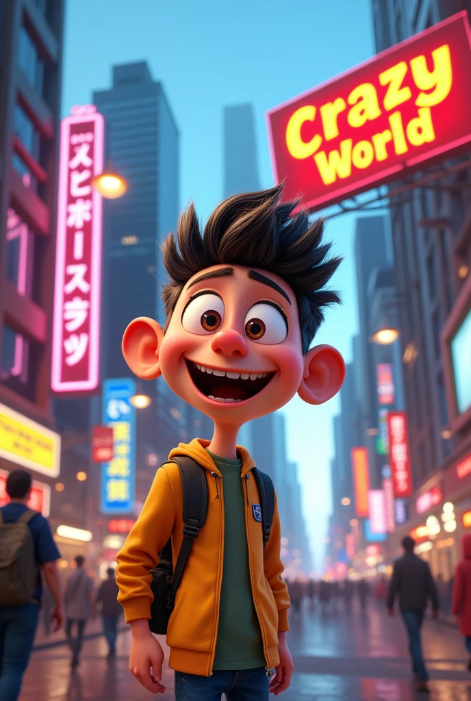 Animated series character in a city with a sign that says crazy world