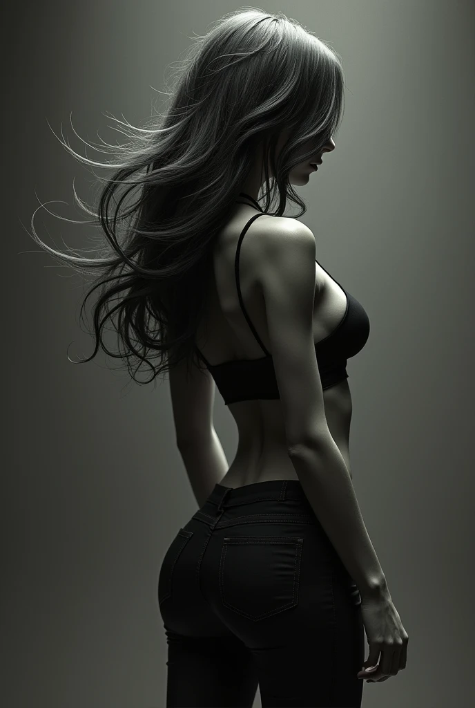 sexy woman with long hair , standing backwards ,hair with a choppy haircut, tight clothing , hair focus