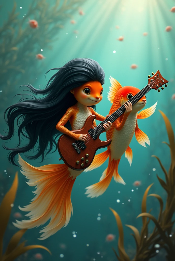 goldfish with long black hair and a goldfish boyfriend that is playing a electric guitar