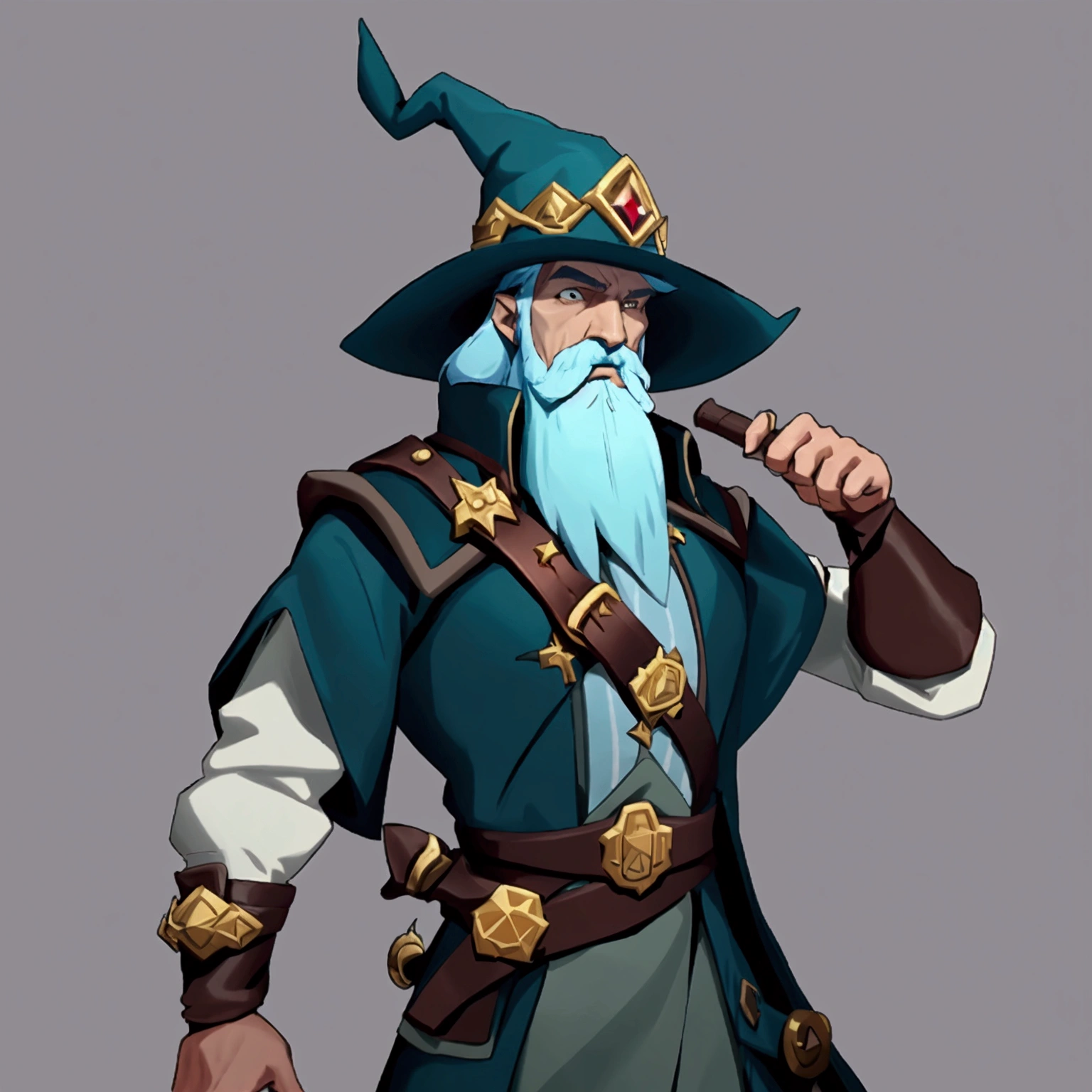 concept art, European and American comics, game character design, RPG Fantasy Game Characters, 1boy, solo, European male in his 30s, Male-centric, Light blue hair, The mustache and beard are short., Hair length reaches the neck, Wizard Outfit, A light gray outfit, The wizard hat has a brown belt decoration in the middle. The wizard hat looks similar to an explorer's hat. There is a brown leather cover from the shoulder to the chest area. The leather is spread out on both sides of the chest and there are decorative lines connecting both sides in two rows. Wearing brown arm guards on the arms, Holding a wooden stick with a jewel at the end, Wearing a brown belt three times around the waist, The belt has pouches and bags hanging from it. Zoom in on the upper body