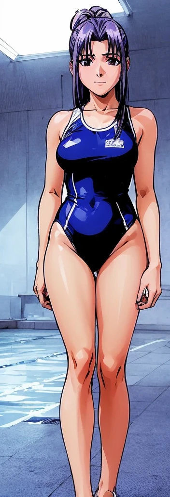 Momoko Koigakubo with beautiful legs is standing by the indoor poolside, wearing a bright blue high-leg swimsuit with the arena logo and lettering.。