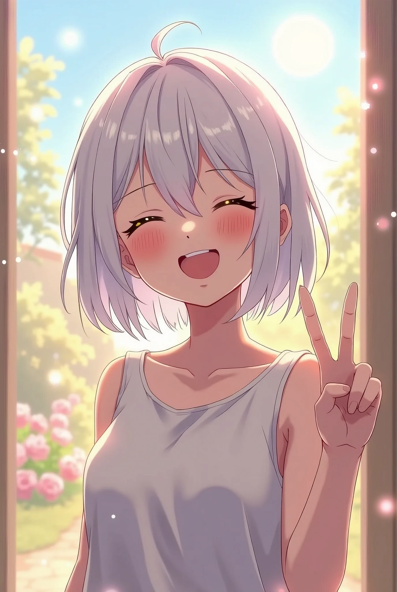 masterpiece, Highest quality, Highly detailed CG Unity 8k wallpaper, High School Girl Anime Illustration. Wear an oversized tank top、Make a finger gun gesture to the audience, she has her eyes closed and mouth open, smile. The background is a light pastel colored landscape.., white hair color, Yellow Eyes, Bokeh Photo, (Soft Focus):1.2, Out of focus highlights, Dreamy atmosphere, Glowing circle, Fascinating Depth, The background is also realistic, Written boundary depth, garden