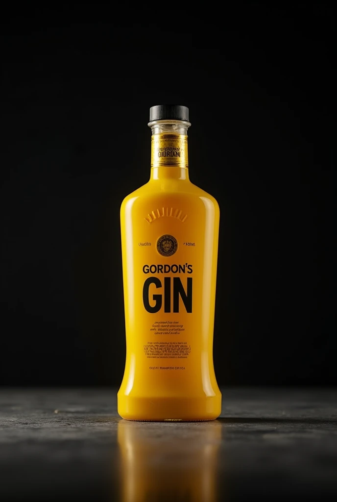fotografia realisitic, announcement, from front view, Products, Um Gin Gordons 750ml (Trad.) realisitic, soft light and blurred background, dark background with high detail lights, sharpening, sharp contrast, focus on the Products, procure a embalagem atual que é amarela