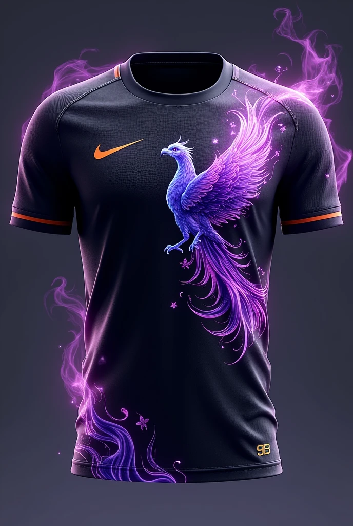 Make a soccer jersey ,on the left side is printed Nike and on the right side 9B on a hanger with a black background, with a Nike printed design
And a very detailed phoenix with purple flames detailed with a penis