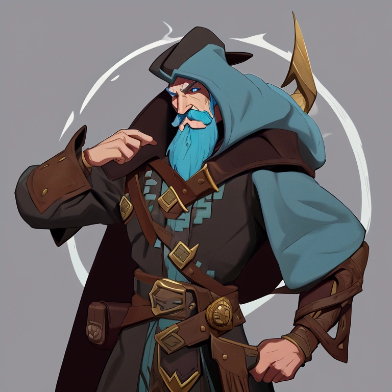 concept art, European and American comics, game character design, RPG Fantasy Game Characters, 1boy, solo, European male in his 30s, Male-centric, Light blue hair, The mustache and beard are short., Hair length reaches the neck, Wizard Outfit, A light gray outfit, The wizard hat has a brown belt decoration in the middle. The wizard hat looks similar to an explorer's hat. There is a brown leather cover from the shoulder to the chest area. The leather is spread out on both sides of the chest and there are decorative lines connecting both sides in two rows. Wearing brown arm guards on the arms, Holding a wooden stick with a jewel at the end, Wearing a brown belt three times around the waist, The belt has pouches and bags hanging from it. Zoom in on the upper body