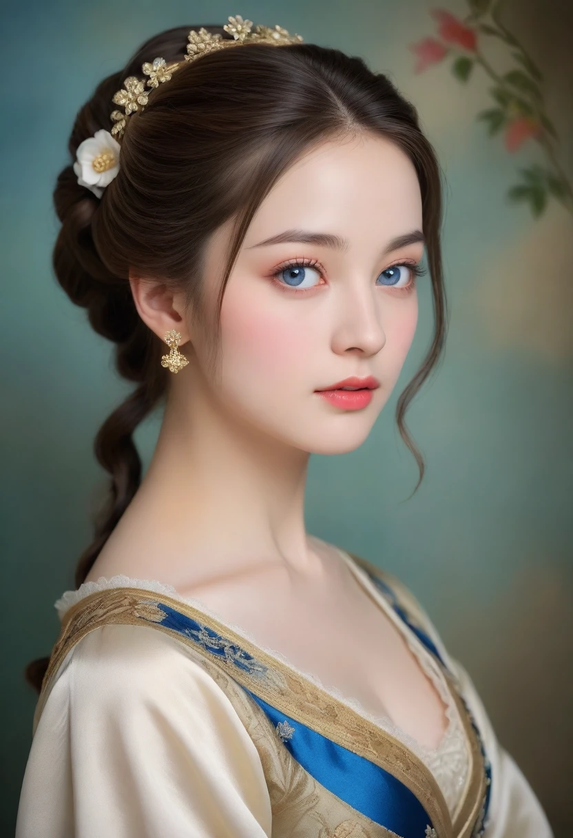 (High resolution,masterpiece:1.2),(Realistic:1.37)"(Highest quality, High resolution, Very detailed, Realistic),A beautiful portrait of a 19th-century beauty, (She is half French and half Japanese., She is a beautiful woman with deep blue eyes and a high nose.:1.1), Exquisite ballet costumes, Detailed facial features, Long and graceful neck, Long, flowing hair, Graceful posture, Soft and delicate lighting, Classical Oil Painting Medium, Vibrant colors, Delicate background with floral motifs", (Her hair is very long and flows down her back.), Trimmed bangs