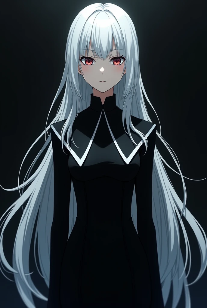tall woman with long white hair, with bangs curtain , dressed in a black dress with an anime-style collar