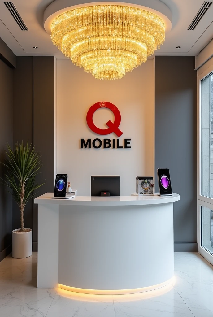 Front View of the reception shop of a mobile shop, with right left mobiles rage, gray or white accents, a warm yellow crystal chandelier, and a shop logo on the wall behind the reception desk, "Q MOBILE." ", there is right left mobiles on the stands, "Q" is red and "MOBILE" color is black.
