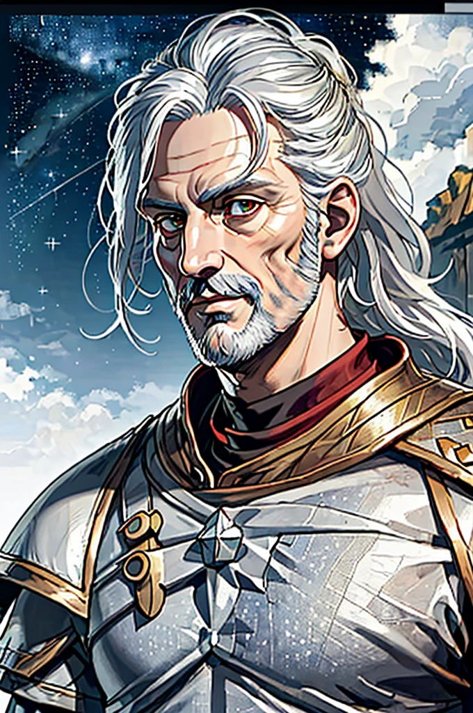 Highest quality, masterpiece, High resolution,，（Hannibal　Barca），（smug face），Roman Empire，（Starry Sky_background），Old Man，Anime Style, 4K, alone，whole body， looking at the camera, White toga，（Red_coat）White Hair，Short Hair，White Beard（Full Finger）, Hyper Detail, (Intricate details),