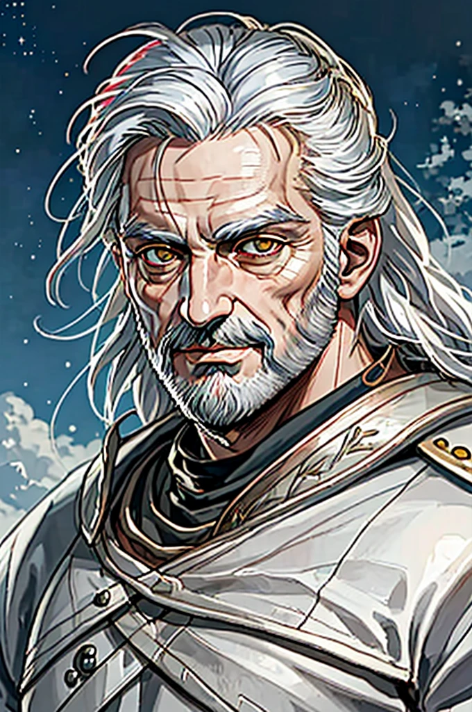 Highest quality, masterpiece, High resolution,，（Hannibal　Barca），（smug face），Roman Empire，（Starry Sky_background），Old Man，Anime Style, 4K, alone，whole body， looking at the camera, White toga，（Red_coat）White Hair，Short Hair，White Beard（Full Finger）, Hyper Detail, (Intricate details),