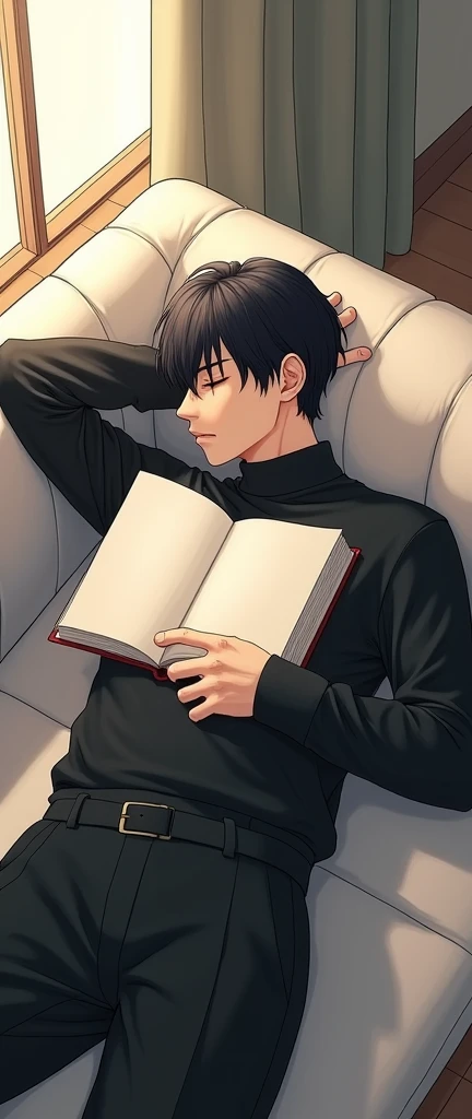 A realistic manhwa art depicting a man sleeping on a sofa with his face covered by a book., has comma-style hair, black clothes. fair skin 
