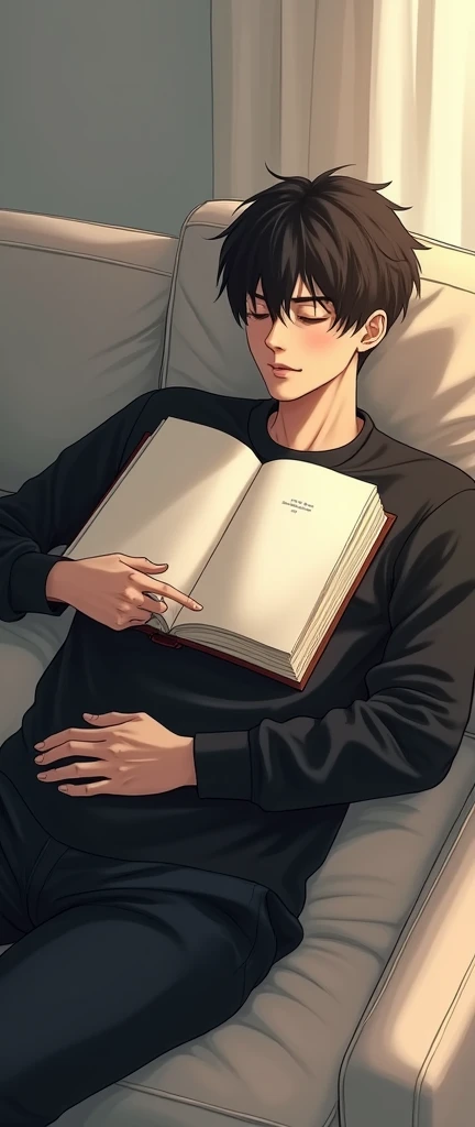 A realistic manhwa art depicting a man sleeping on a sofa with his face covered by a book., has comma-style hair, black clothes. fair skin
