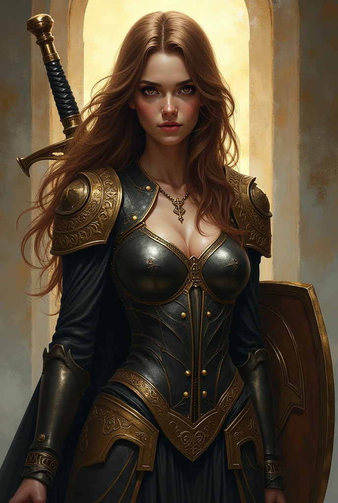 A goddess with long brown wavy hair with a strong features, and have a sword and shield she can use her brown eyes to control someone