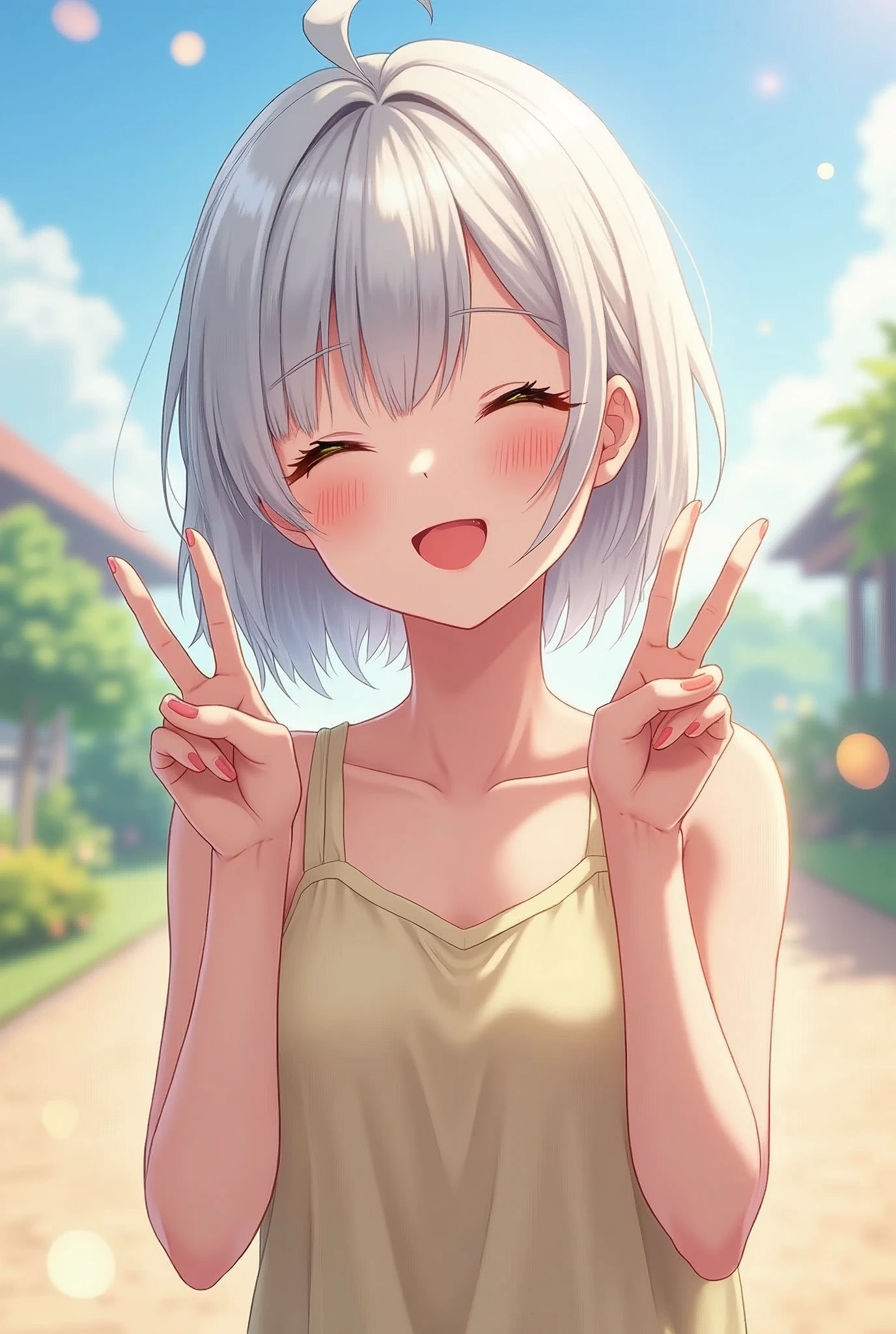 masterpiece, Highest quality, Highly detailed CG Unity 8k wallpaper, High School Girl Anime Illustration. Wear an oversized tank top、Make a finger gun gesture to the audience, she has her eyes closed and mouth open, smile. The background is a light pastel colored landscape.., white hair color, Yellow Eyes, Bokeh Photo, (Soft Focus):1.2, Out of focus highlights, Dreamy atmosphere, Glowing circle, Fascinating Depth, The background is also realistic, Written boundary depth, garden