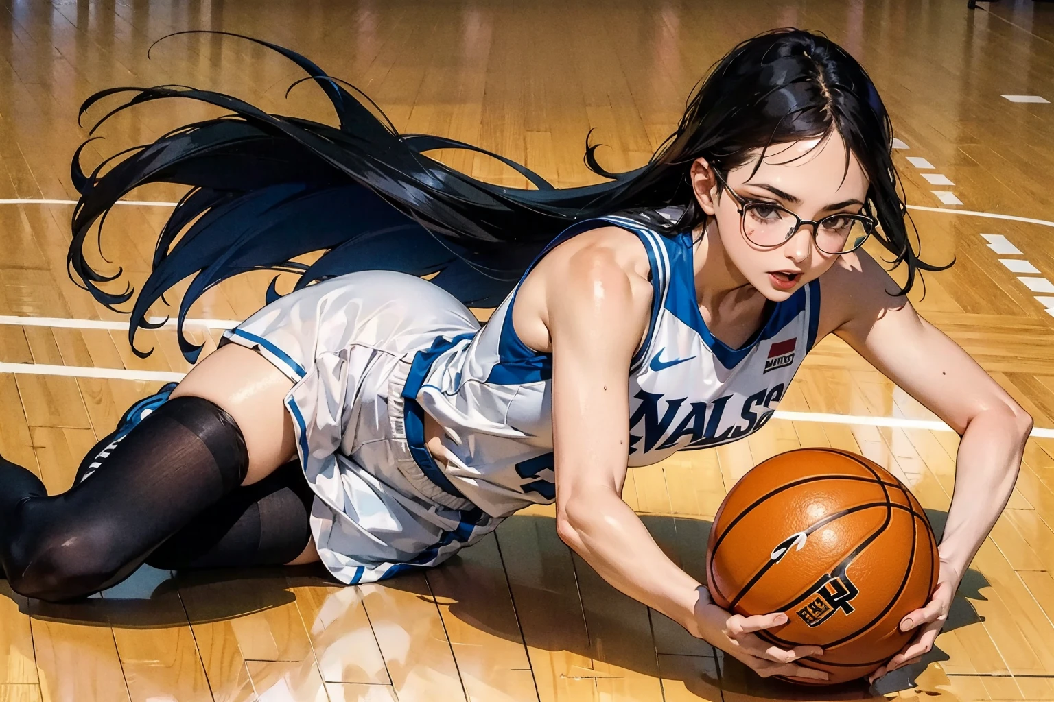 (A woman who fell、Highest quality,4K,8k,High resolution,masterpiece:1.2),ultra-detailed, student, sks women, , Basketball uniform, High resolution, 8k, Absurd, Cinestill 800, Sharp focus ((masterpiece, Highest quality) detailed, sexy、(Black-rimmed glasses、Long black hair、Sturdy body:1.2、Honors Type,Falling on the court) ,