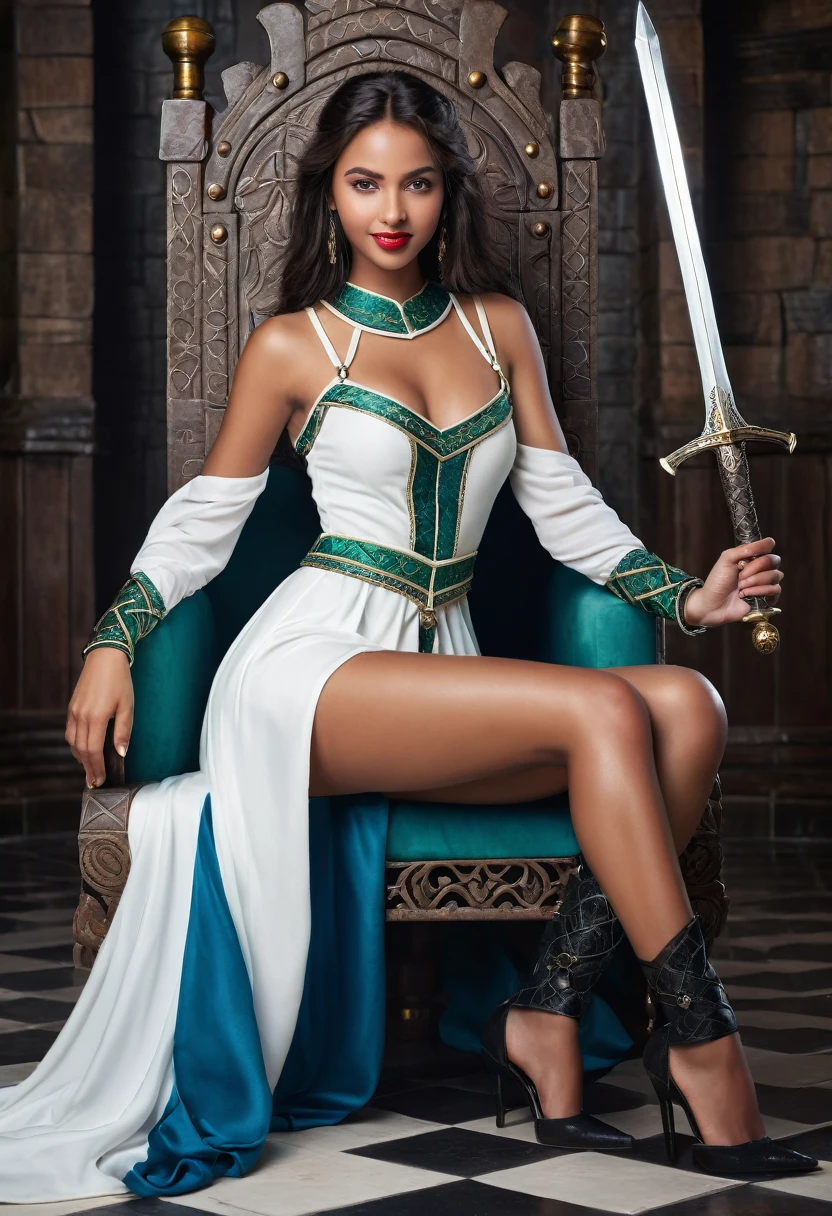 ((best quality)), ((masterpiece)), (detailed), (detailed), ((best quality)), 1 girl, young woman, brunette woman, brown skin, black hair, beautiful green eyes, with attractive feminine facial features, dressed as a medieval warrior, white dresses with blue details, slender legs, exquisitely contoured butt, medium breasts, seductive, red lips, attractive smile, posing elegantly sitting on a white throne, 8K, High Definition.