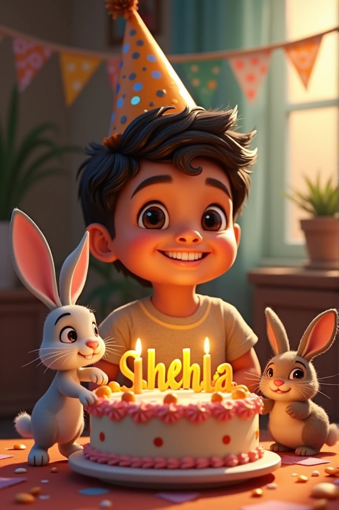 A beautiful boy celebrate birthday having birthday cake* Shehla* name written on cake and also rabbit present here