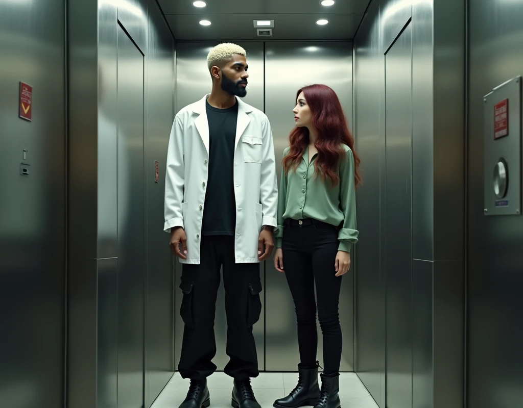 Very tall attractive Arab man (height exaggerated:1.6), standing inside an elevator. He has platinum blond wavy swept-back crew cut hair, dark skin, long black stubble, wearing a white lab coat over a black t-shirt, black cargo pants, and black boots. Next to him is a very short young woman (170 cm tall, reaching only to the man's mid-shoulder), with pale skin, vibrant maroon side-parted long wavy layered hair. She is wearing a soft green silk work blouse, low-rise black pants, and black boots. Hip shot, cinematic.