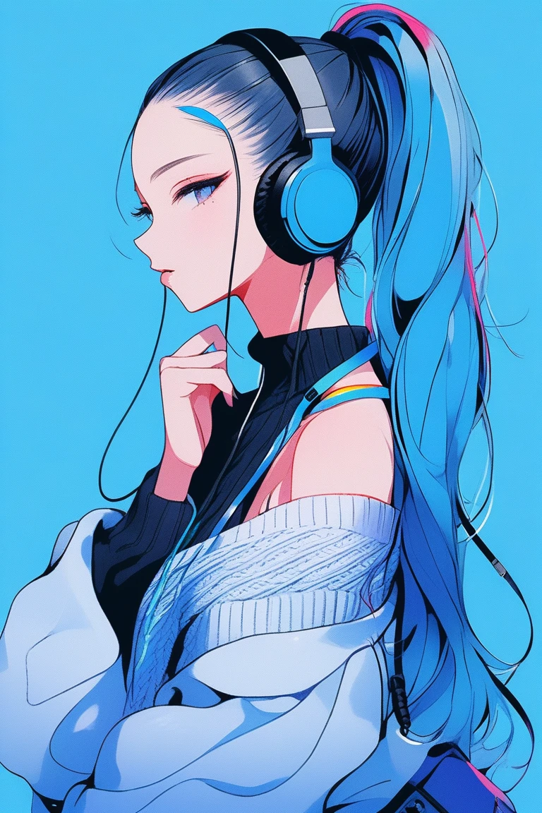 Illustrator, anime , Realistic ,sketch , 1 person, ,lip, A revealing off-the-shoulder sweater, whole body, order, Blue gradient background, Neon colored long ponytail hair,(((Headphones around the neck))), Texture Trim, Canadian, (masterpiece,Highest quality)
