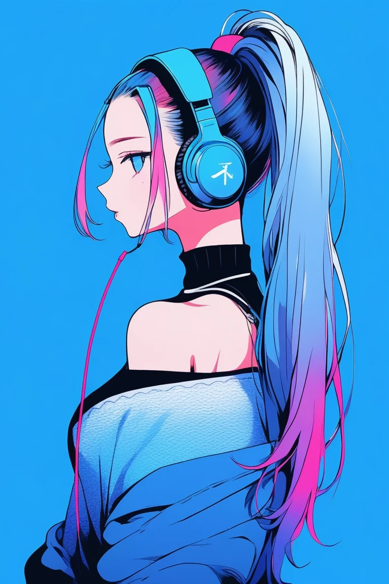 Illustrator, anime , Realistic ,sketch , 1 person, ,lip, A revealing off-the-shoulder sweater, whole body, order, Blue gradient background, Neon colored long ponytail hair,(((Headphones around the neck))), Texture Trim, Canadian, (masterpiece,Highest quality)
