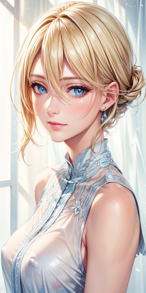Highest quality,Portraiture, Realistic, Elegant mature woman, blue eyes, Blonde, 4K resolution, Ultra-detailed CG, Beautiful CG, Soft Light,See-through blouse (NSFW),Small breasts,Detailed eyes,Detailed face,Closed Mouth,Detailed eyes,Detailed eyes