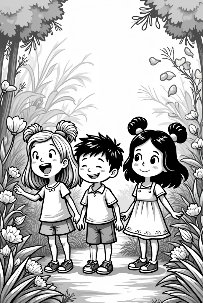 Comic style black and white picture  of three[2 girls 1 boy] children in a playing secret  garden 