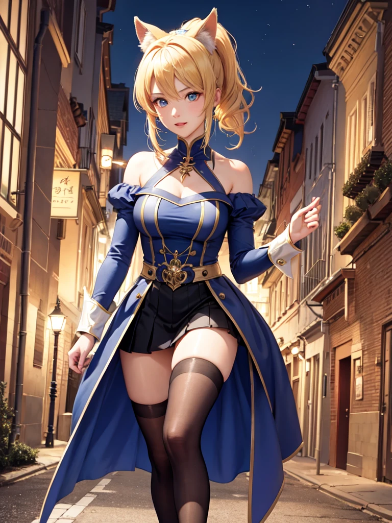(Ultra extreme detailed),(Masterpiece),(Ultra extreme),(Realistic),CG,(color:1.2), Strong lighting,Light from behind,evaluation:Safety,A blonde person alone, color,Blonde ponytail,Green Eyes,水color shrite,short_Magic Robe Costume、、Gemstone pendant、Tights Knee Socks、is emitting thunder、Magical girl、Town Background、((ear、獣ear、tail))