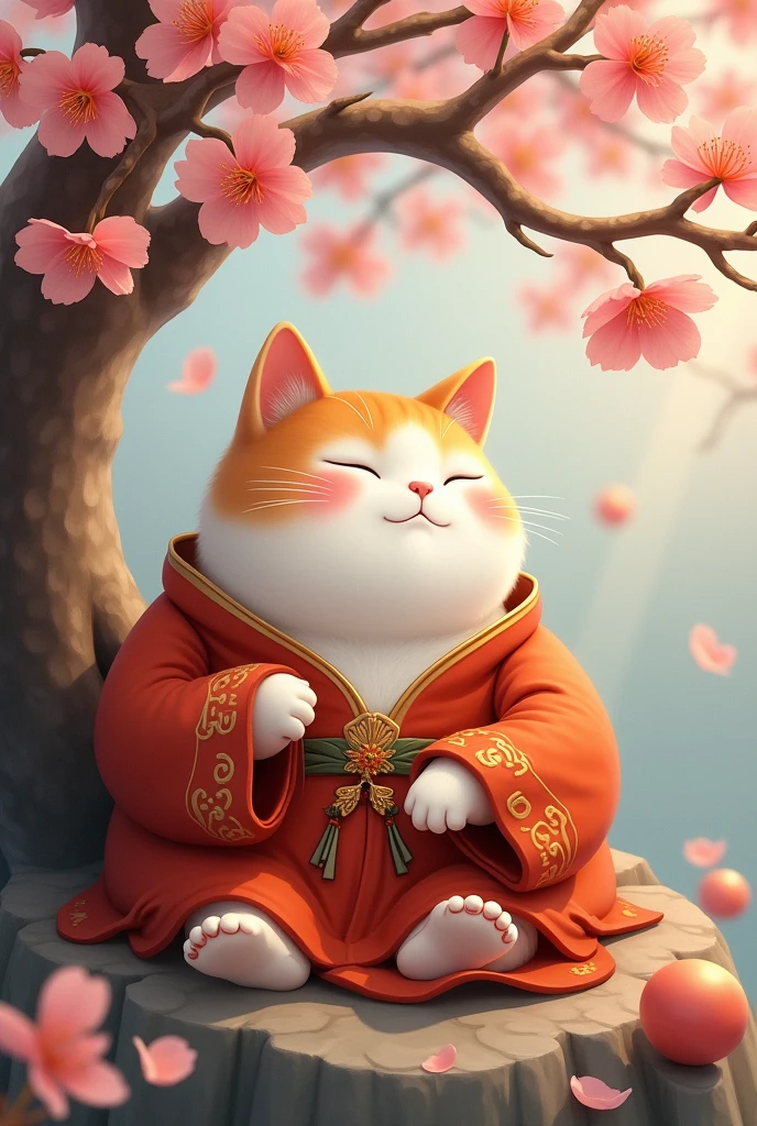 Chinese white and orange fat cat  in daoist robe sleeping under a peach blossom tree