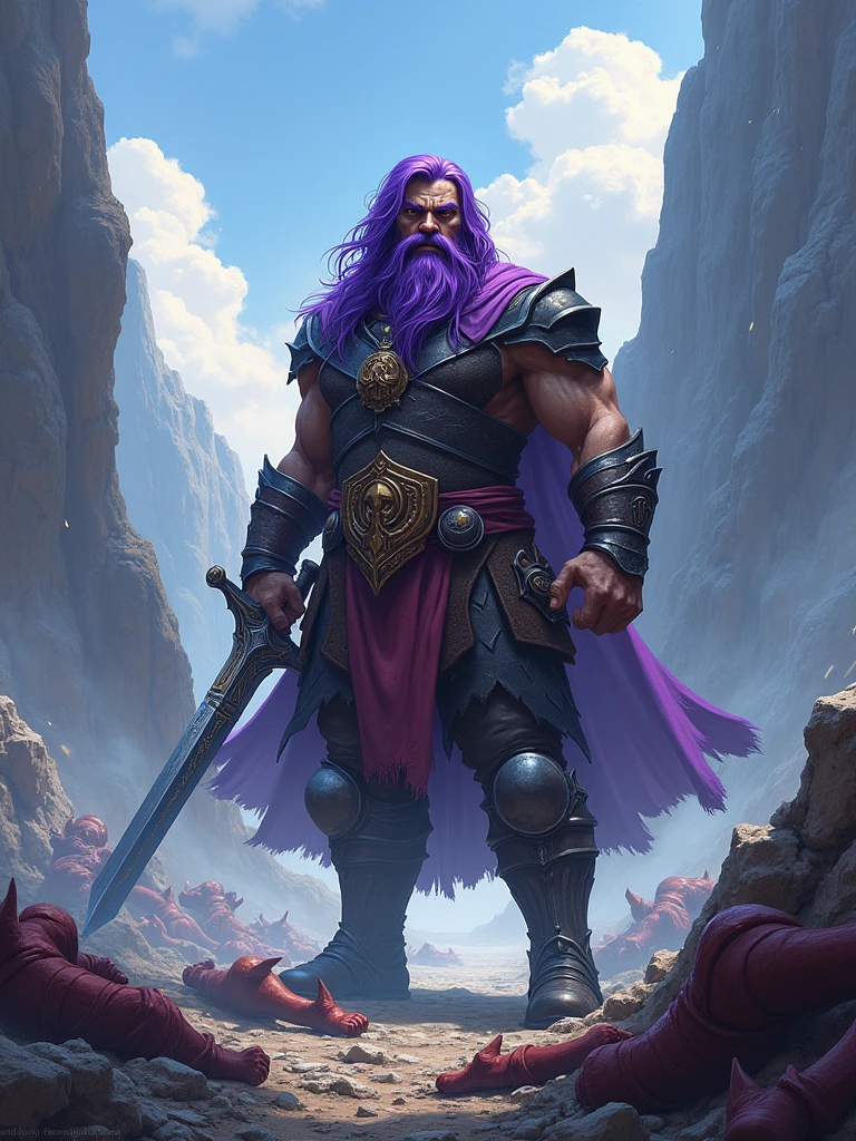 Illustrate a scene featuring a character from a fantasy video game. The character has dark skin and vibrant purple hair, complemented by a thick, full beard that descends to cloak his neck. He's triumphantly holding a majestic sword, his presence dominating a rocky mountain landscape harshly scarred from battle. The ground is scattered with the defeated bodies of other fallen characters as he stands alone, the sole survivor of this epic conflict.