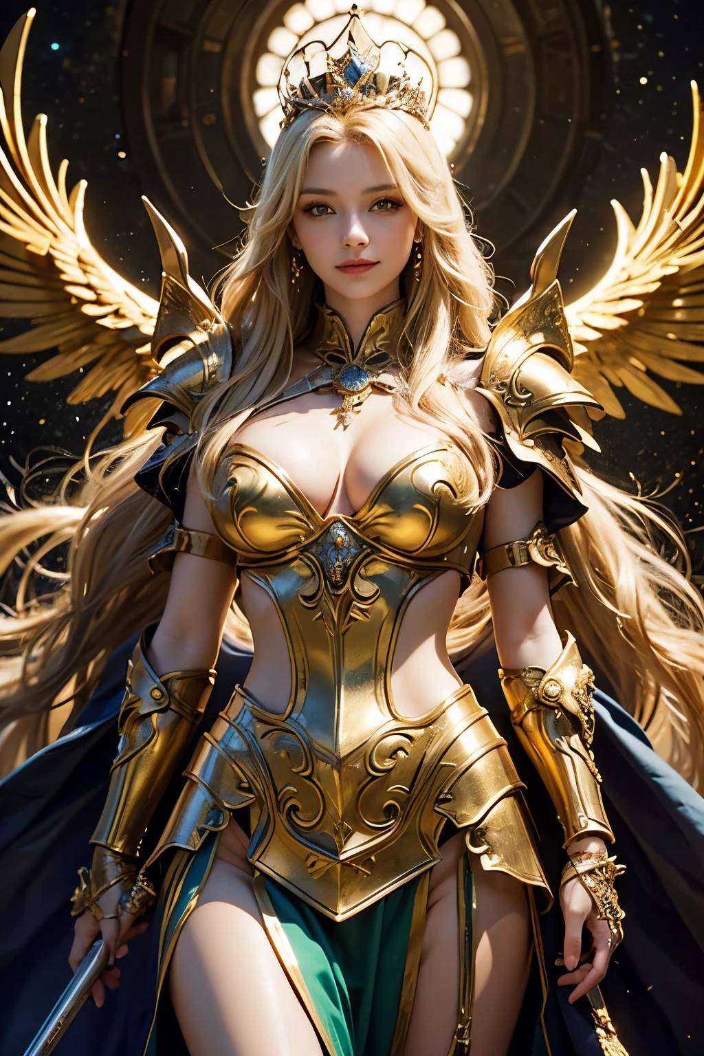 Ultra HD、Ultra-clear、White and beautiful translucent skin、Beautiful and well-proportioned face、Cute smile、Sagittarius Warrior、Covered entirely in golden armor、Holy knight in golden armor、Golden Tiara、Golden armor with ornate carvings covering the entire body、Heavy golden armor、Translucent beautiful green eyes、Blonde、Big Breasts、Outer space background、