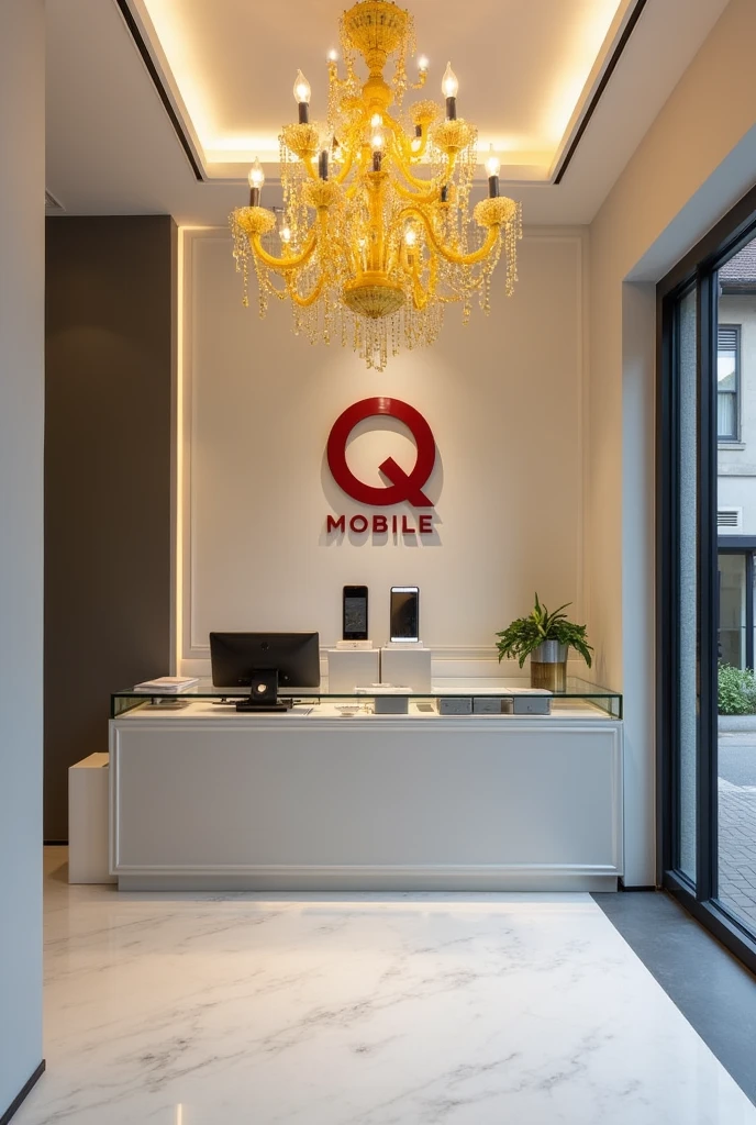 Front View of the mobile shop, with right left mobiles rage, gray or white accents, a warm yellow crystal chandelier, and a shop logo on the wall behind the reception desk, "Q MOBILE." ", there is right left mobiles on the stands, "Q" is red and "MOBILE" color is black.