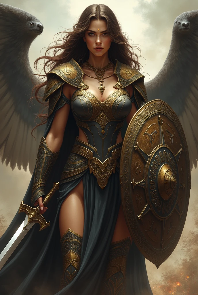 A goddess with long brown wavy hair with a strong features, and have a sword and shield she can use her brown eyes to control someone and a masculine body