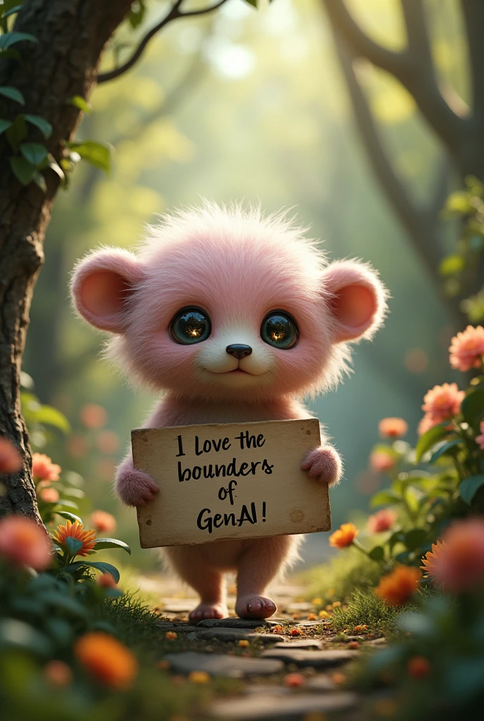 (a super adorable creature designed by tim burton, the creature have cute starry night eyes, light pink hairy head, tiny ears and big bear nose, it is walking on a secret garden in wonderland, holding a handwritten sign that says "I love the bounders of GenAI", afternoon light, magical atmosphere, subtle colors and indirect lighting touches), (best quality,4k,8k,highres,masterpiece:1.2),ultra-detailed,(realistic,photorealistic,photo-realistic:1.37),3d render,digital painting,concept art,intricate details,whimsical,fantastical,moody lighting,soft focus,warm tones,chiaroscuro,ethereal,dreamlike,mystical,emotive,imaginative,surreal,expressionistic